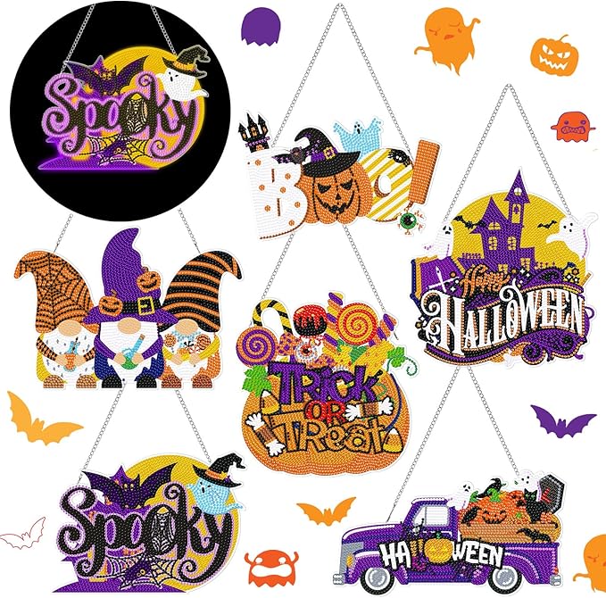 Chiisong 6 Pcs Halloween Diamond Art Painting Kits Hanging Sign Set Witch Pumpkin Gnome Glow in The Dark Diamond Art Painting Kits Halloween Hanger Adult 5d DIY Craft for Wall Door Window Porch Decor