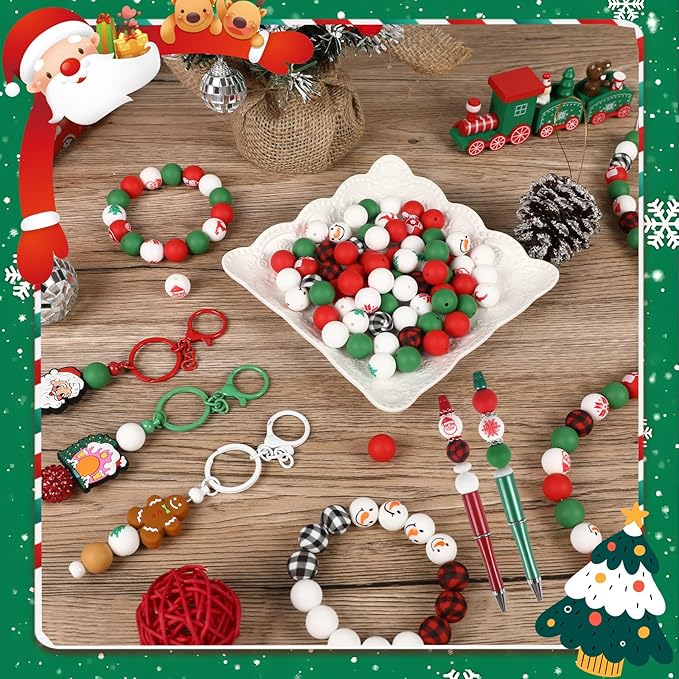 136pcs Christmas Silicone Beads Set,15mm Rubber Focal Beads for Keychain Bracelet Beadable Pen Lanyard Making Kit