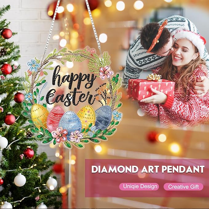 NEWENMO Happy Easter Day DIY Hanging Diamond Art Pendant Kit, Special Crystal Diamond Painting Ornament Kit for Adults Beginners, Double Sided Acrylic Board Gem Painting Box Kits, Colored Easter Eggs