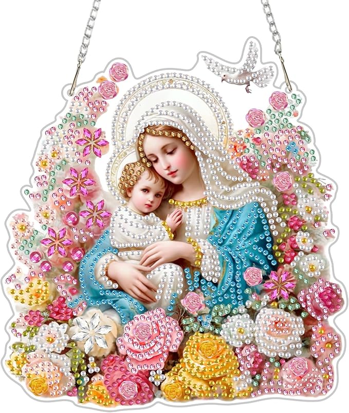 CEOVR Virgin Mary Hanging Diamond Art Kits for Adults, Nativity Special Shape Religious Diamond Painting DIY Gem Art, Windows Pendant with Chain, Acrylic Home Garden Decor, Box Kit 7.05x7.62In