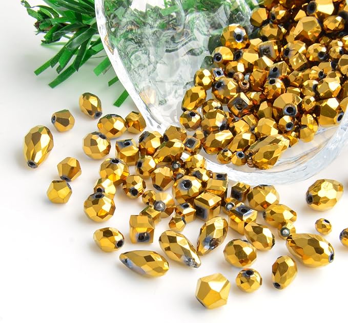 1500 Pcs Crystal Glass Beads for Jewelry Making – 12 Styles Bicone, Rondelle, Cube, Teardrop & 3mm Spacer Beads, DIY Bracelet Necklace Earring Craft Kit Random Colors(Coffee Gold)