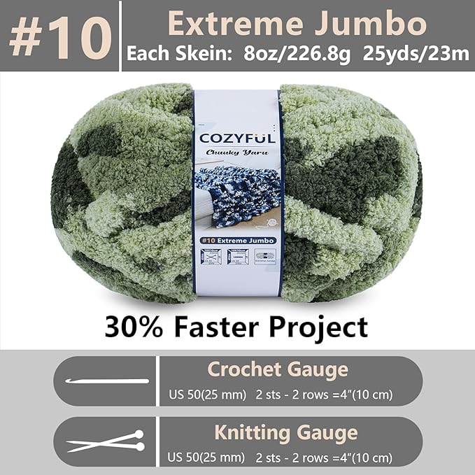 Chunky Yarn for Hand Knitting - #10 Chunky Chenille Blanket Yarn, Jumbo Big Thick Chunky Yarns for Crocheting, Tie Dye Bulky Knit Yarns, 8 Skein (25 yds 8 oz Each Skein), Multi Green