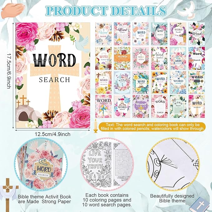 Liliful 144 Pcs Word Search Coloring Book Bulk for Adult Christian Easter Word Search Crafts DIY Drawing Book with Patterns for Party Favors, Goodie Bag Filler and Holiday Gifts
