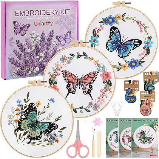 3 Sets Butterfly Flower Embroidery Kit for Beginners, Cross Stitch Practice Kits for Craft Lover with Pre-Stamped Patterns, 7.8-Inch Hoop, Threads, Needles, Step-by-Step Guide & Video, Needlepoint Kit