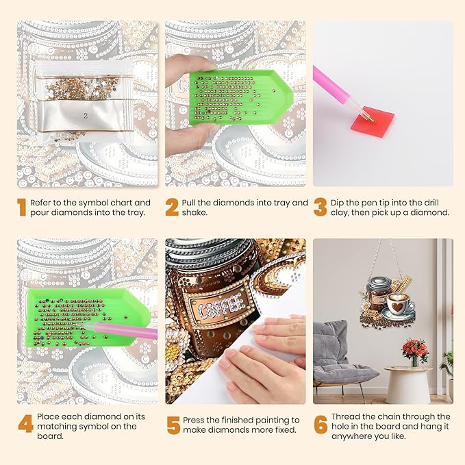 MXJSUA Coffee Special Shaped Hanging Diamond Painting Art Kits for Adults, Crystal Rhinestone Acrylic Gem Art Pendant Ornaments Kit for Home Decor and Gift 7.87 * 7.87 Inch