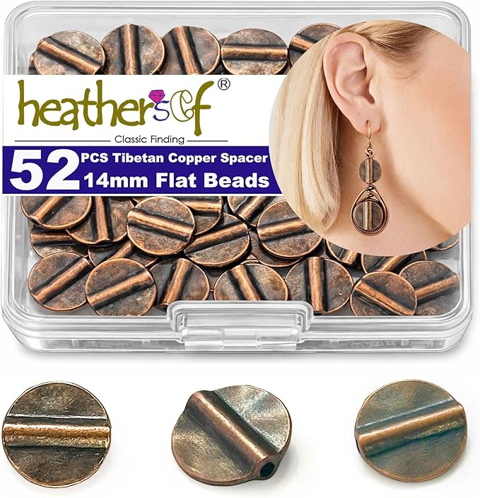 Copper Smooth Flat Bead Jewelry 52Pcs Spacer Beads Kit Jewelry Findings Beading Assortment DIY Accessories for Bracelet Necklace Jewelry Making 14mm