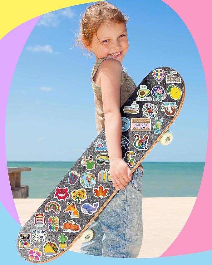 greingways 100 pcs water bottle stickers for kids classroom, waterproof stickers for laptop scrapbook skateboard, vinyl cute sticker packs for teens boys girls adults