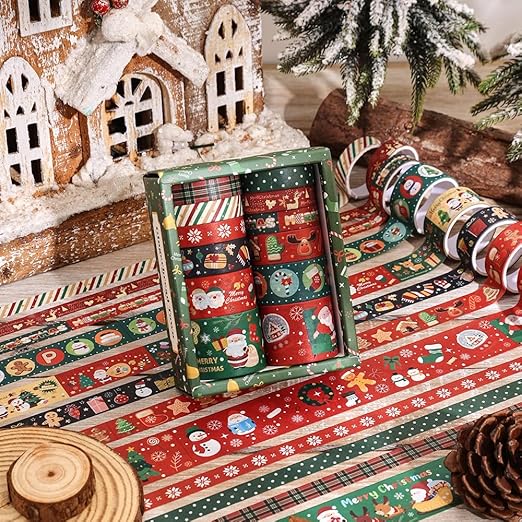 Christmas Theme Washi Tape Set, 12 Rolls Christmas Washi Tape Writable Decorative Tapes for Scrapbooking, Junk Journal Supplies, Bullet Journaling, 0.6"x79" per Roll