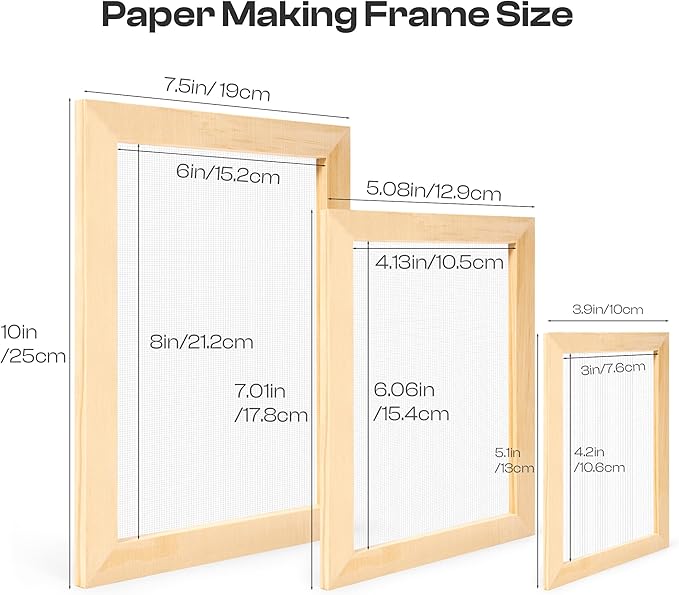 Caydo 3 Pieces Paper Making Frame Kit, Papermaking Mould and Deckle with Mesh, Absorbent Paper and Sponge for Kids Adults Supplies A5 A6 A7 (7.5 x 9.8 Inches,5 x 7 Inches, 4.5 x 5.7 Inches)