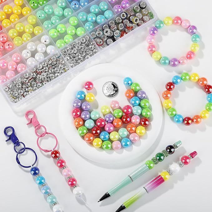 Funtopia 290pcs Beads for Pens, 14mm Focal Beads Pen Making Kit for Keychains Beadable Pens, Rainbow Chunky Bubblegum Acrylic Beads with Rhinestone Rondelle Spacer Bead for DIY Craft Supplies