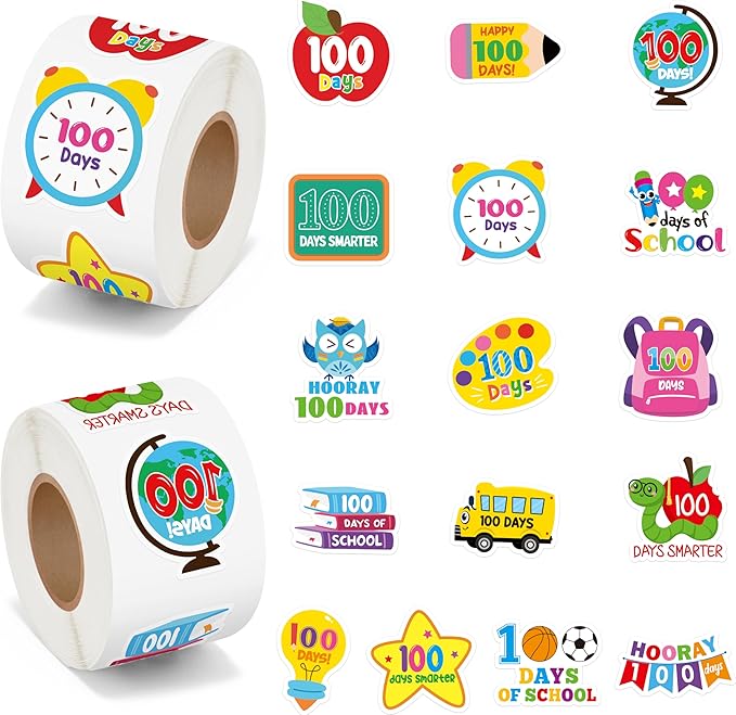 beyumi 100 days smarter stickers - 1000pcs 100 days of school stickers in 2 rolls hooray 100 teacher incentive sticker 100th day adhesive reward decals kindergarten classroom party decor for kids