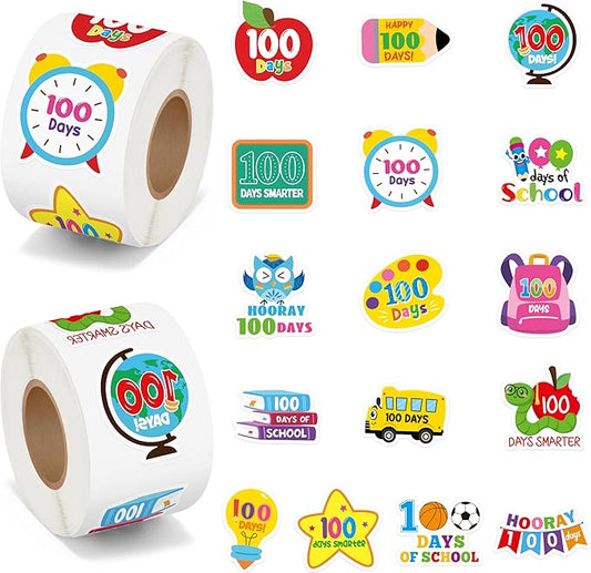 beyumi 100 days smarter stickers - 1000pcs 100 days of school stickers in 2 rolls hooray 100 teacher incentive sticker 100th day adhesive reward decals kindergarten classroom party decor for kids