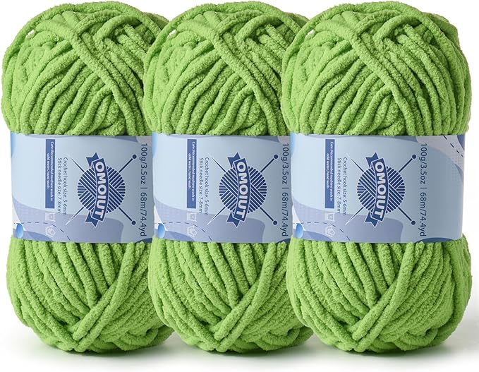 3 Pack Chunky Chenille Yarn for Crocheting, Baby Yarn for Crocheting Soft Blankets, Bulky Yarns for Crochet Amigurumi, 300g (223yds) Fluffy Velvet Yarns for Hand Knitting (3 Grass Green)