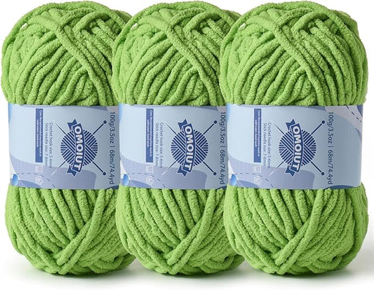 3 Pack Chunky Chenille Yarn for Crocheting, Baby Yarn for Crocheting Soft Blankets, Bulky Yarns for Crochet Amigurumi, 300g (223yds) Fluffy Velvet Yarns for Hand Knitting (3 Grass Green)