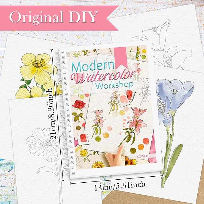 Watercolor Workbook, Watercolor Workbook Paint Book Beginner Friendly, 12 Different Patterns Stress-Relieving Art Crafts for Creative Exploration Gift for Women Adults Teens (Flower, 1)