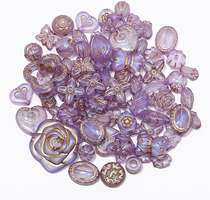 7.5 OZ Assorted Vintage Acrylic Beads for Jewelry Making, Song Xi Unique Flower Rose Czech Beads for Bracelet Earrings, Bohemia Style, Bulk, Arts and Crafts, DIY Holiday Gift (240-260 PCS, Purple)