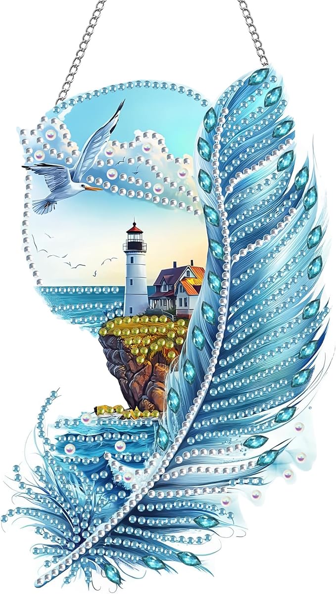 Kaliosy Sun Catcher Lighthouse Window Hanging Ornament - Outdoor Porch Decor, Landscapes Themed Diamond Art Ornament, Acrylic Board Diamond Painting for Home, Front Door Sign, Indoor Decor 8x8inch