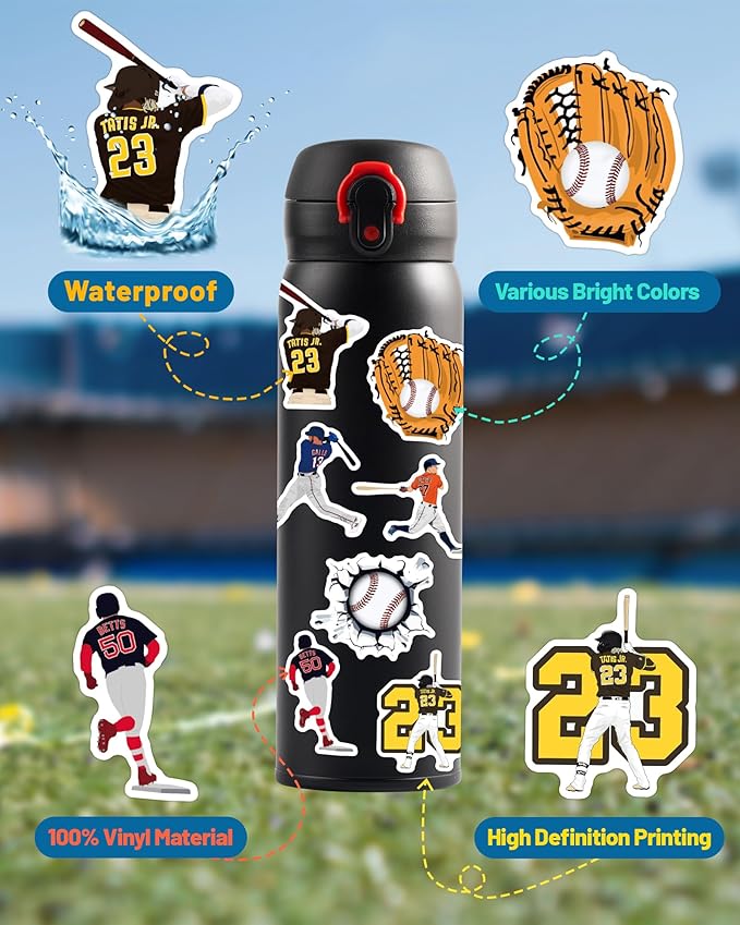 pcnearty 100 pcs sport stickers for kids, baseball water bottle stickers, vinyl waterproof laptop sticker for water bottle, bulk sticker packs for boys kids classroom prizes for elementary students