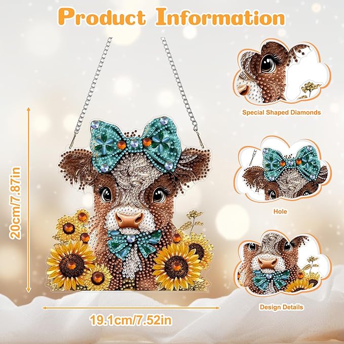 AIRDEA Hanging Diamond Painting Kits Cow,Special Shaped Diamond Art Kits for Beginner Sunflower and Calf Gem Art Pendant Decor,7.87x7.52in