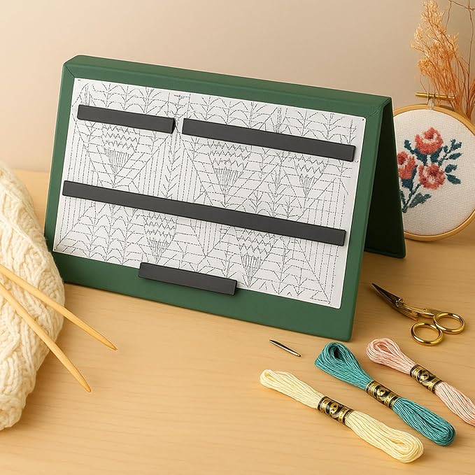 Flutesan 1 Pcs Green Knitting Pattern Holder, Fold up Cross Stitch Knitting Chart Keeper with 4 Pcs Replacement Magnets, Cross Stitch Accessories Supplies, Unfolded Size 13.2 x 9 Inch