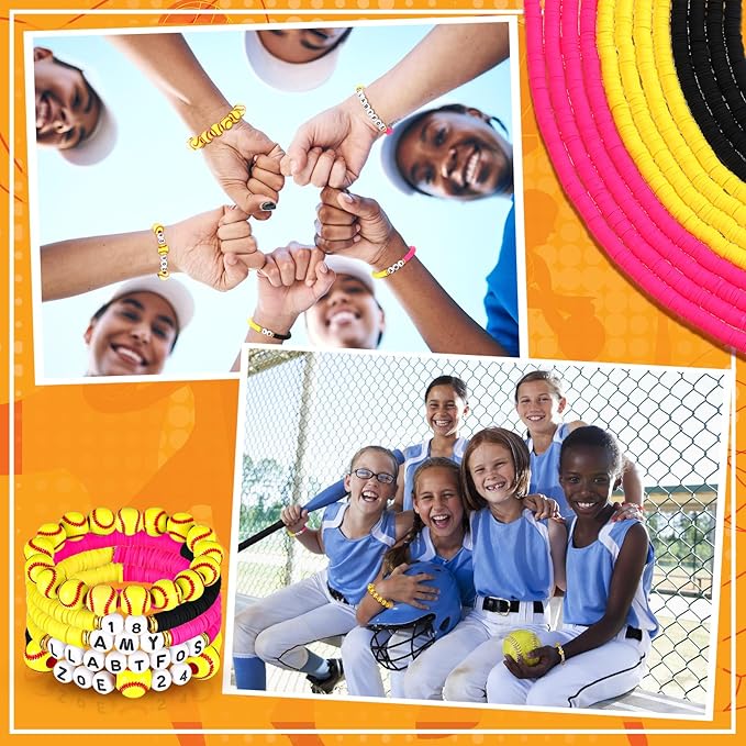 Ferreve 4200 Pcs Softball 12 Strands Clay Beads Bracelet Making Kit, 100 Letter and Number Beads, 120 Softball Acrylic with Gold Spacer, Charm Bracelet Kit for Sport Party