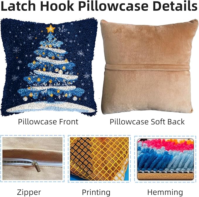 DIY Latch Hook Pillow Kits for Adults Merry Christmas Winter Christmas Tree Pillow Cover Printed Pillowcase Crochet Yarns Hooking Handmade Cushion for Home Sofa Decoration 17x17inch(3)