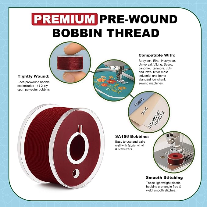 Mandala Crafts 144 Maroon SA156 Prewound Bobbins for Singer Sewing Machine -15J SA156 Prefilled Bobbin Thread for Brother Sewing Machine and Embroidery