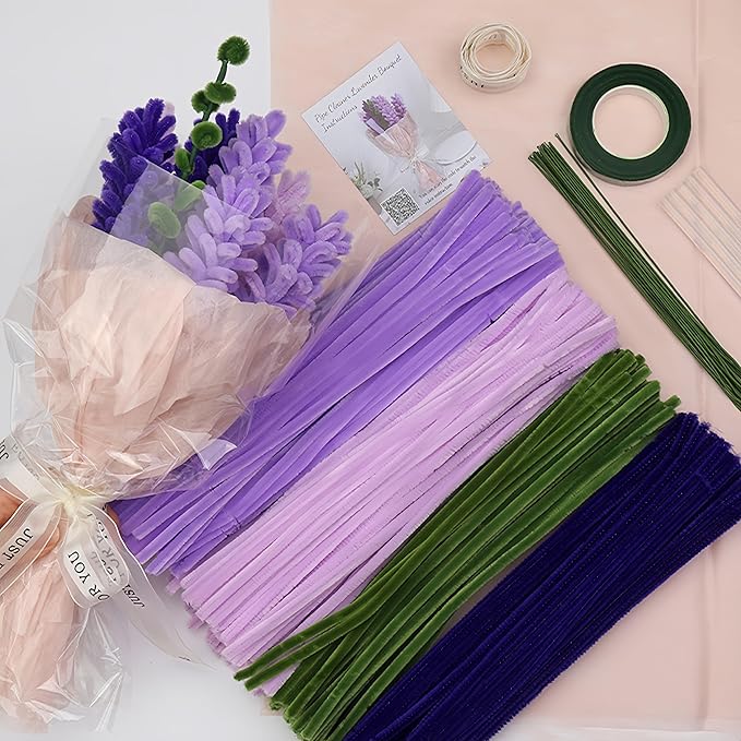 HUEYTON Thick Lavender Pipe Cleaners Craft Set - 400Pcs Chenille Stems for Full & Delicate DIY Lavender Bouquets, Include Stems & Accessories, Ideal for Art Crafts, Home Decor & Gift Making