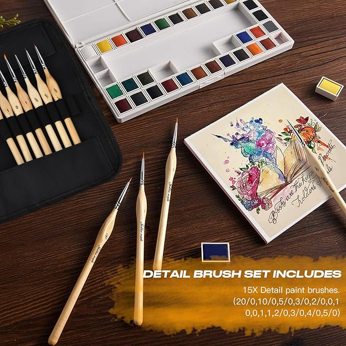 Golden Maple Miniature Paint Brushes, 15PC Model Brushes Micro Detail Paint Brush Set, Fine Detailing for Acrylics, Oils, Watercolors & Paint by Number, Figurine (Wooden)