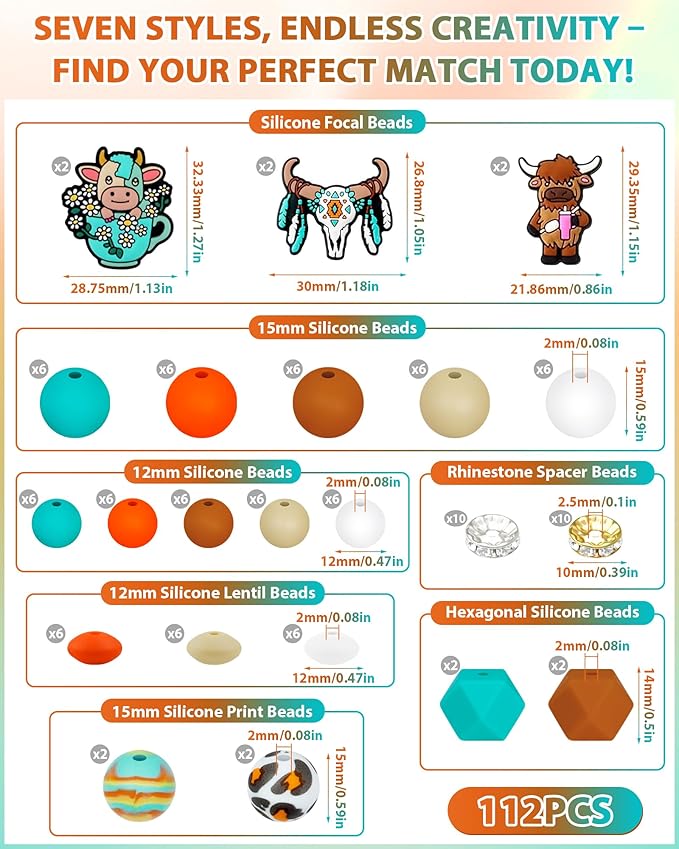 112PCS FIVEIZERO 12mm 15mm Cow Focal Silicone Beads for Keychain Making, Round, Lentil, Hexagonal, Print, 10mm Rhinestone Rondelle Spacers Beads for Bracelet, Pens, Necklace Crafts(Orange Green)