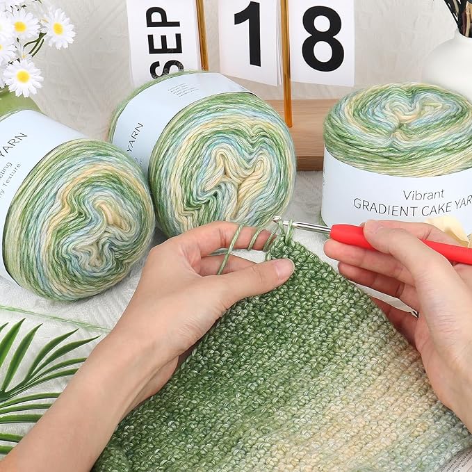Aeelike Cake Yarn for Crocheting, 3 Skeins Gradient Yarn 100g (3.52 oz) 245m (267 Yards) # 3 Light Weight, Soft Ombré Yarns Fairyland Yarns Rainbow for Making Colorful Crafts, Mint Green Gradient