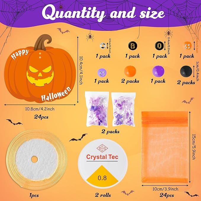 BeYumi Halloween Bracelet Craft Kit - 24 Pack Halloween Boo Letter Beads Friendship Bracelets with Pumpkin Gift Cards DIY Thankful Craft Kit Party School Classroom Party Fun Activities