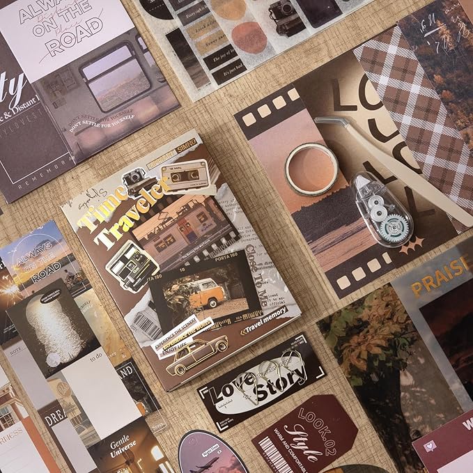 Travel Scrapbook Photo Album Supplies Kit with Tweezers and Glue Tape, Aesthetic Vintage Junk Journal Scrapbooking Paper, Sticker Pack, Notebook Craft Supplies, DIY Gift for Adult Men Women (Traveler)