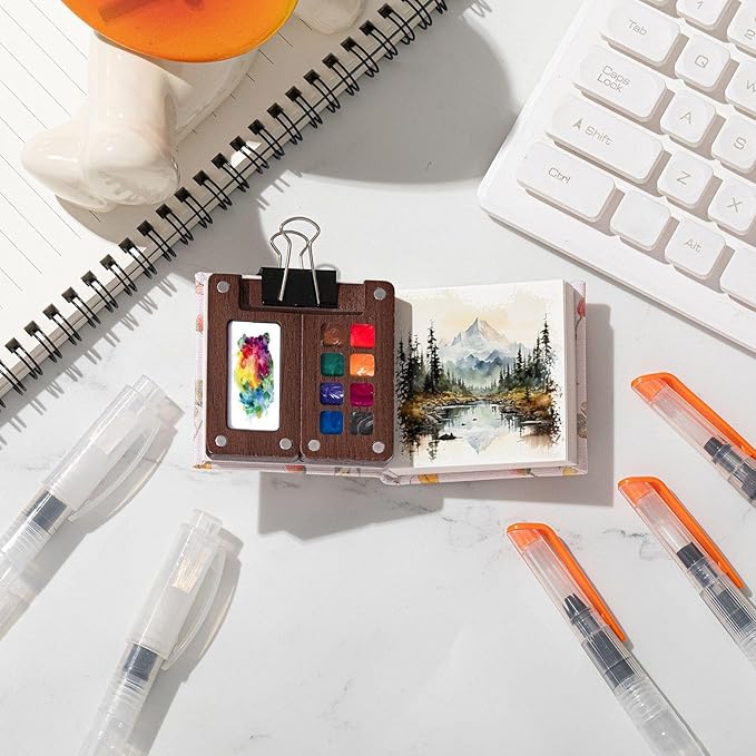 Qilery Mini Portable Watercolor Palette Set Wooden Grid Paint Box Watercolor Paper Sketch Book Brush Pens with Binder Clip for Painters Artist Not Include Paint(Rabbit)