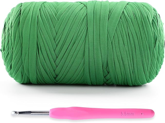 Soft T-Shirt Yarn for Crochet, T Shirt Yarns for Crocheting Crafts, Bags, Basket, Coaster, Tshirt Yarns - 400 g/130 yds with 1 Crochet Hook (1, Grass Green)