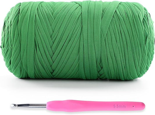 Soft T-Shirt Yarn for Crochet, T Shirt Yarns for Crocheting Crafts, Bags, Basket, Coaster, Tshirt Yarns - 400 g/130 yds with 1 Crochet Hook (1, Grass Green)