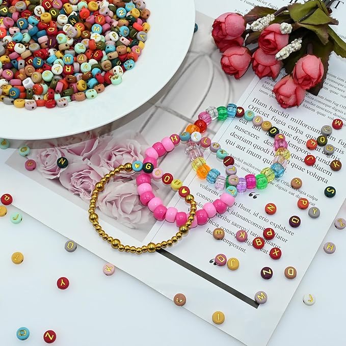 Amaney 1000pcs 4x7mm Round Letter Beads Colorful Acrylic with Gold Letter Alphabet for Jewelry Making