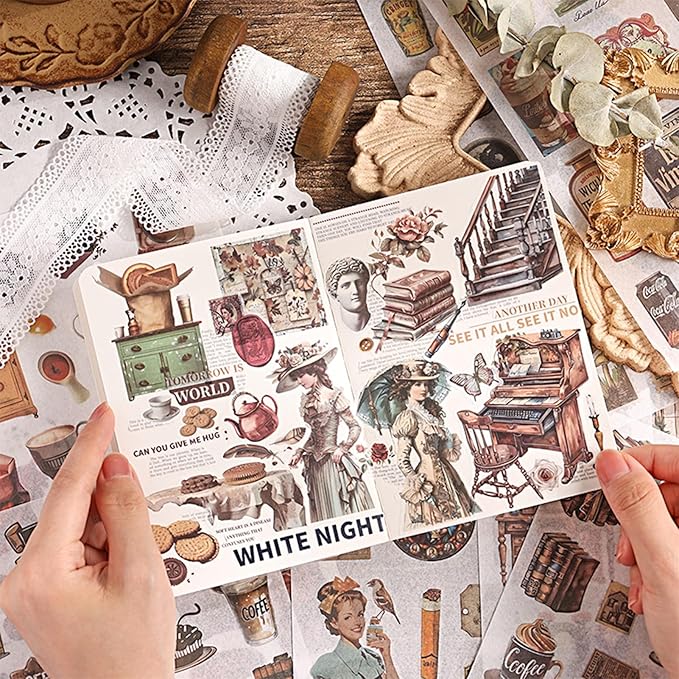 Vintage Scrapbook Stickers Book with 557pcs Stickers for Junk Journal Supplies, Aesthetic Washi Sticker Book for Journaling Dark Night Theme Ephemera for Junk Journal, Scrapbooking Supplies for Adults
