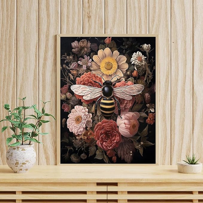mrpwnle Bee Diamond Art Kits for Adults Bee Flowers Diamond Painting for Adults Beginners 5D Diamonds Painting DIY Round Full Drill Gem Art Crafts Kit Home Wall Decor Gifts 12x16inch