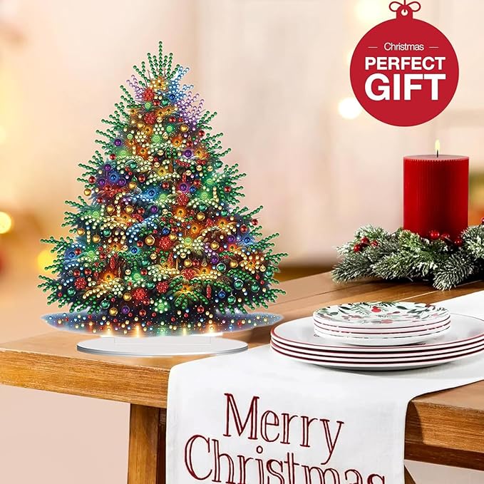 Christmas DIY Diamond Desktop Ornament, Double Sided Special Shaped Diamonds Art Kits, 5D Tabletop Ornaments for Adult Beginner Home Office Decor Crafts Gift (Christmas Tree)