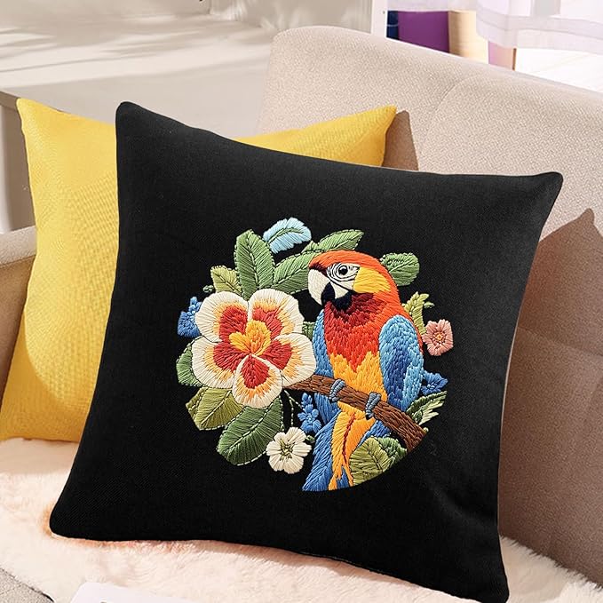 fonnuy embroidery kit for beginners, birds with flowers pre-stamped pattern kits for adults with hoop, easy to follow color thread needlework, 8'' hoop (orange parrot)