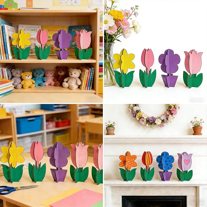 Mykzarpnix Wooden Flower Painting Kit, 12 Unfinished Wood 3D Flowers to Paint, DIY Spring Craft Set for Adults and Family, Blank Tulip Wood Cutouts for Home Decor, Tabletop Mantel Display