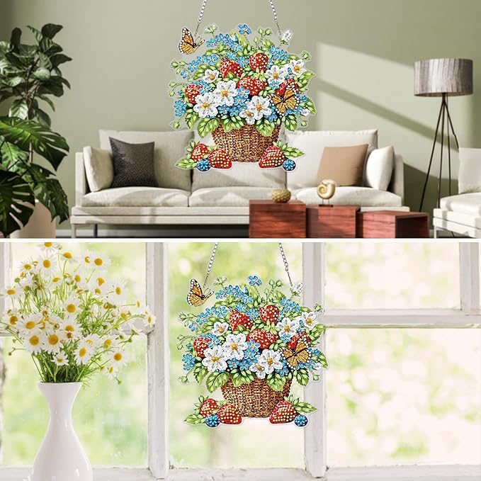 MXJSUA Strawberries Flowers Diamond Painting Art Window Suncatchers, Diamond Art Kits for Adults Hanging Ornaments with Chain, 5D Special Shape Crystal Diamond Pendant Accessories for Decor Gift