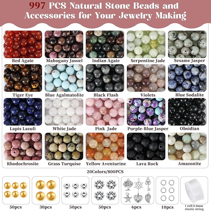 Zefy 996 Pcs 6mm Natural Stone Beads, Round Crystals Bead Genuine Real Stones, Gemstone Beads Kit with Spacer Bead Charms for Bracelets Jewelry Making (20 Colors)