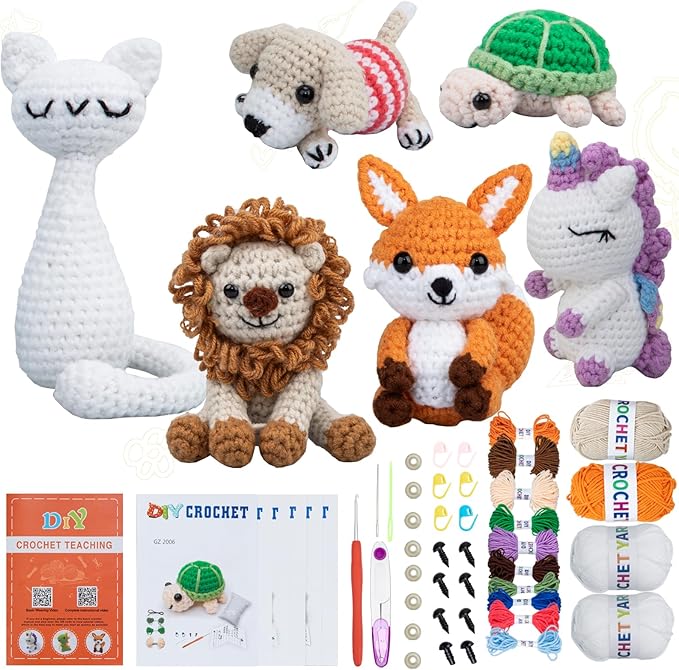 Crochet Kit for Beginners – 6 PCS Crochet Animal Kit, Knitting Beginners Kit with Step by Step Videos, Yarn, Crochet Hook, Great Birthday Holiday Gift (Knitting Kit 1)