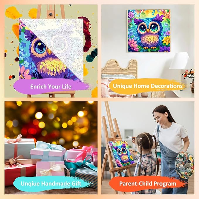 Owl Paint by Numbers Kit for Kids with Frame, Owl Paint by Numbers for Kids Ages 4-8-12, DIY Acrylic Oil Painting for Home Wall Art Decor Gift 7.8x7.8 inch (with Frame Easel)