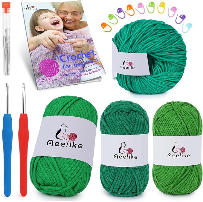 Aeelike Beginner Crochet Yarn Kit w 4 Different Materials Green Yarns (Polyester, Cotton, Acrylic, Milk Cotton,) & 2 Ergonomic Hooks (G&7), Ideal Starter Crochet Set for Beginners