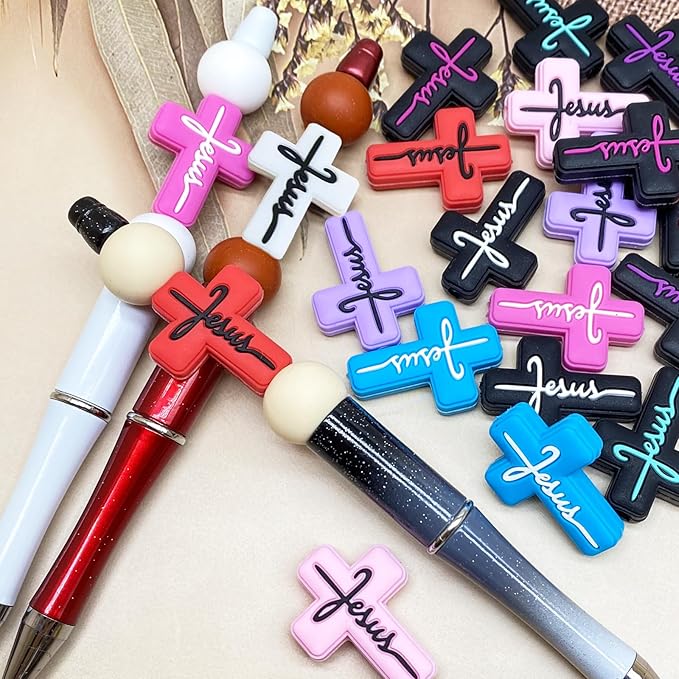 20PCS Silicone Focal Beads for Pens - Jesus Faith Charms Keychain Making Kit - Assorted Shapes for Beaded Pen Characters (Jesus Silicone)