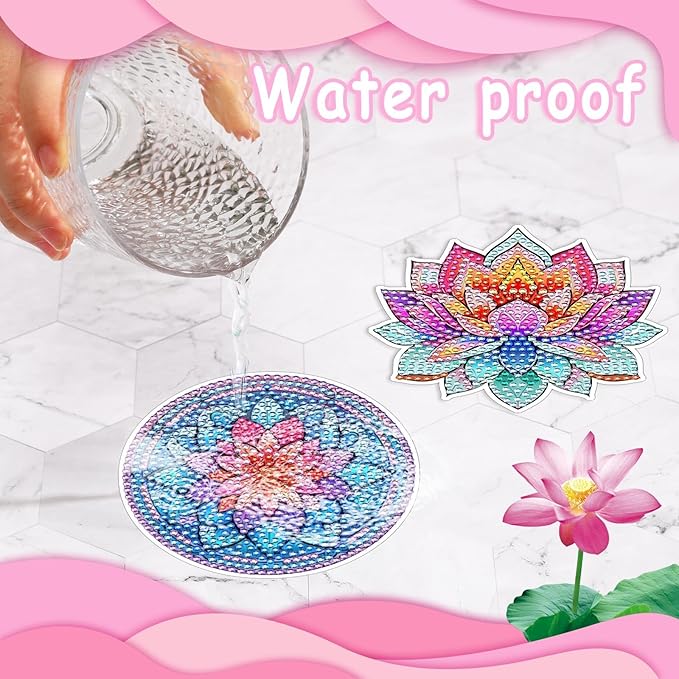 UPINS 8Pcs Lotus Diamond Art Painting Coasters Kits with Holder, Diamond Art Non Slip Coaster Kits DIY with Holder Crafts for Adults Diamond Art Painting Kits Supplies for Holiday Gift