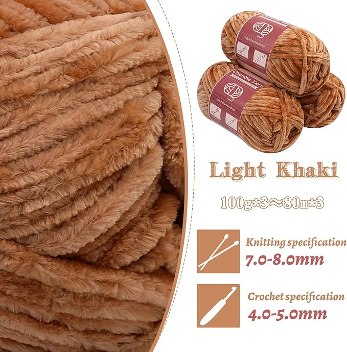 LUNARM Chenille Yarn for Crocheting Knitting, 3 Skein 263 Yard Thick Soft Chunky Fluffy Weaving Plush Yarn for Blankets Clothes Pattern Creations with Big Eye Needles(Light Khaki)